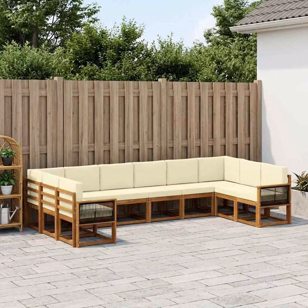vidaXL Set di divani da esterno a forma di L composto da 10 pezzi in legno di acacia con cuscini in tessuto beige e crema