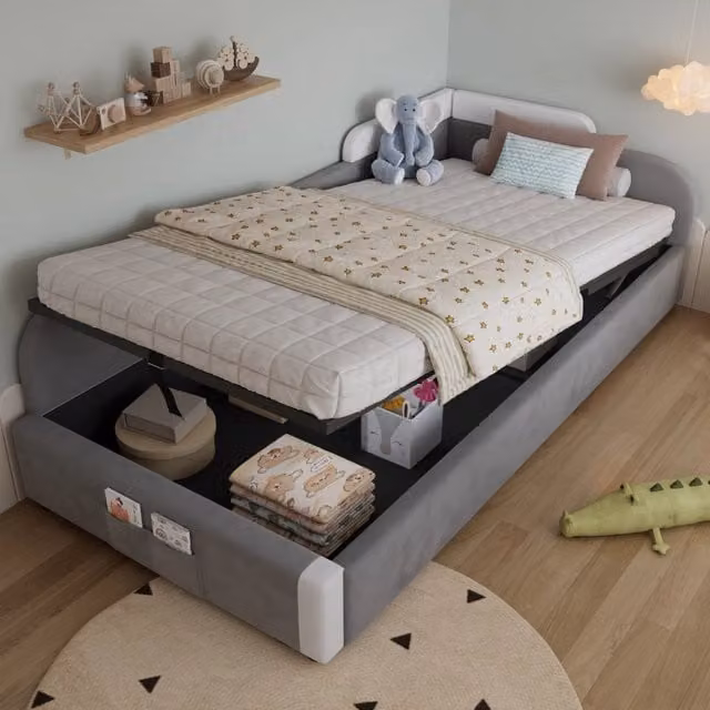 Letto imbottito per bambini REDOM in velluto grigio con contenitore idraulico L/P/H: 90 x 200 cm