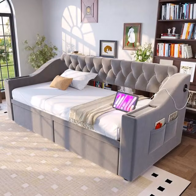 Divano letto 90x190 cm con USB; vani nei braccioli e 2 cassetti imbottito grigio chiaro