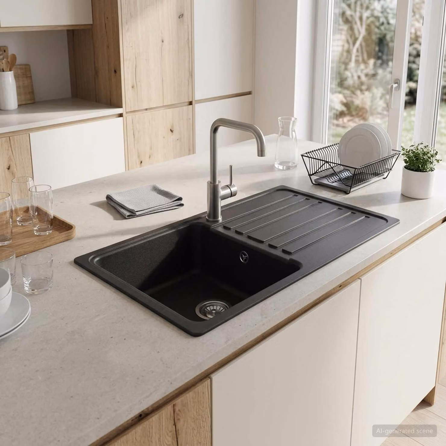 Lavello da cucina con gocciolatoio vidaXL in granito, Grigio e Nero, L: 76,5 cm, P: 46 cm, H: 28 cm
