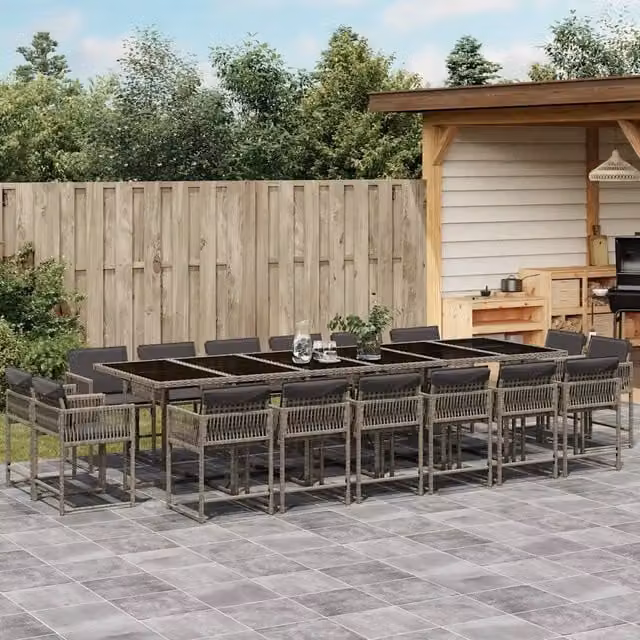 Set da pranzo da giardino vidaXL in polyrattan con cuscini grigi e piano in vetro nero, 17 pezzi