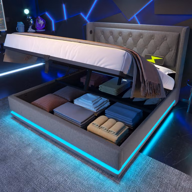 Letto imbottito Flieks 140x200cm con USB e Type-C, letto matrimoniale per ragazzi con LED, letto contenitore idraulico con rete a doghe, cotone, grigio