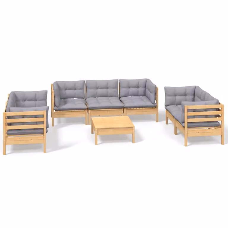 Set Divani da Giardino 8 pz con Cuscini Grigi Massello di Pino
