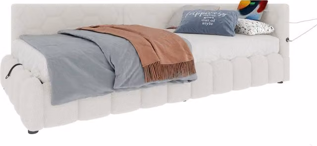 Letto a Divanetto con Contenitore in Velluto Bianco, Illuminazione LED Multicolore e Porte USB/Type-C, L/P/H: 200 x 90 x 73 cm