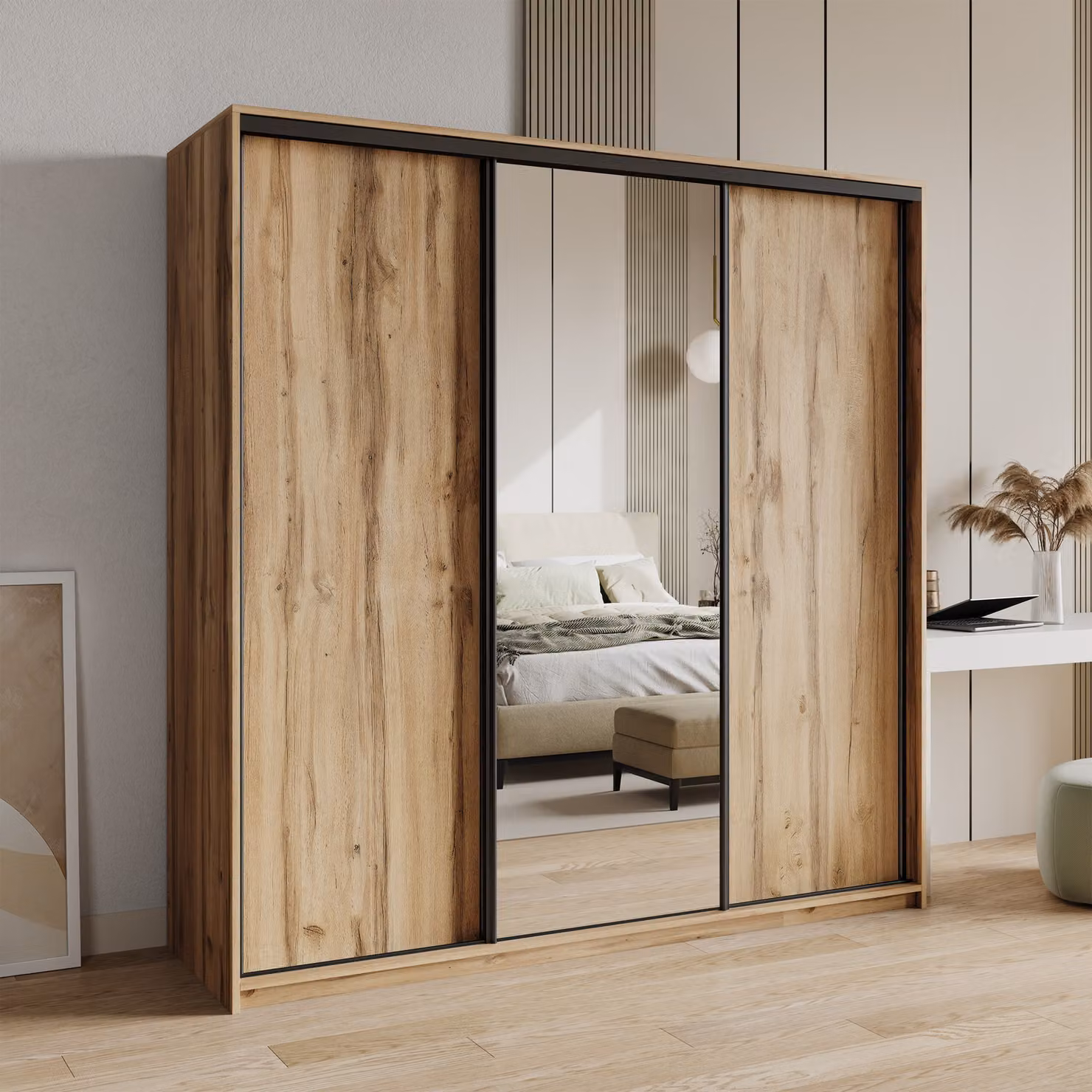 Armadio scorrevole Masseno TAVI 200/205/60 cm Armadio con cassetti Armadio per camera da letto a 3 ante con specchio Rovere Wotan + Nero