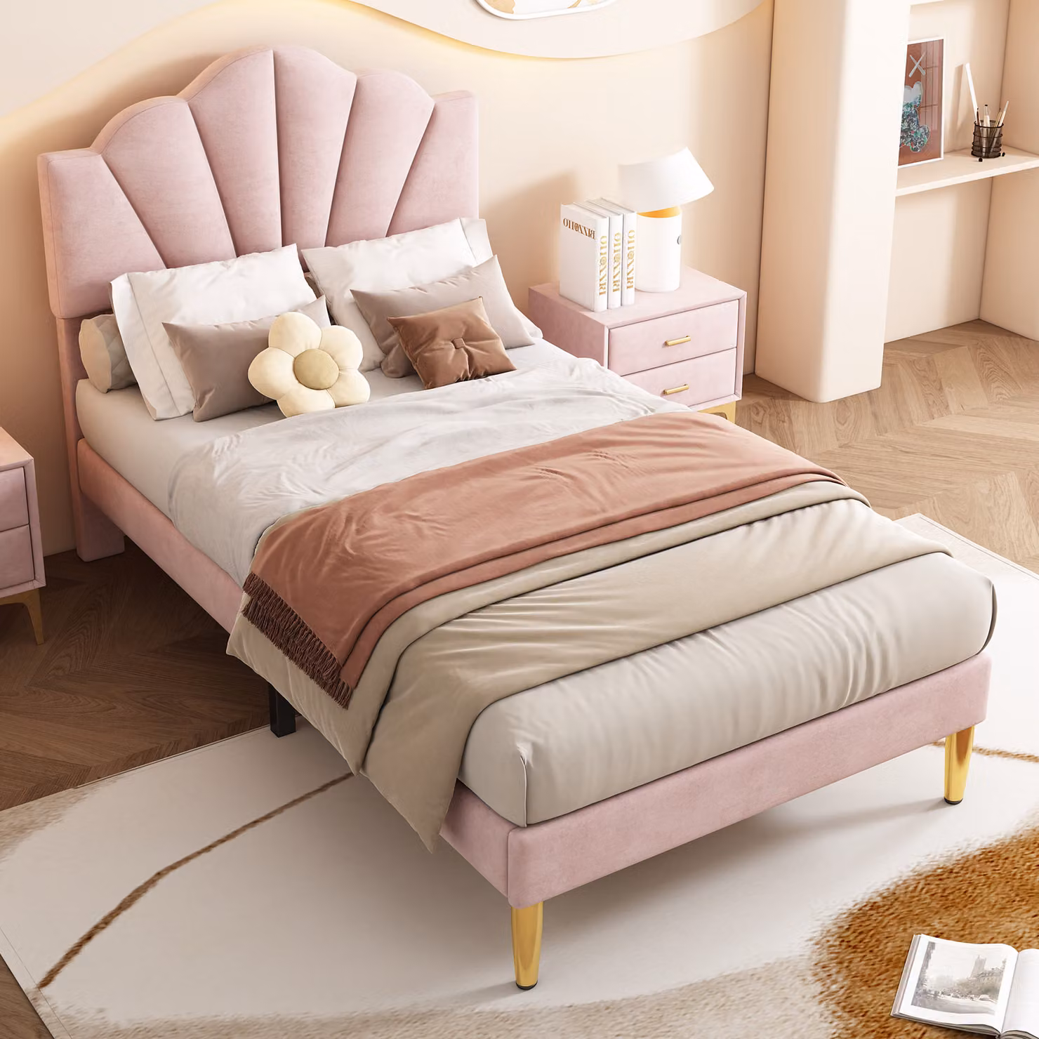 Letto imbottito STILVORA 90x200 cm, letto per ragazzi con rete a doghe in legno, letto singolo con testiera regolabile in altezza, letto a conchiglia in velluto, rosa (con materasso)