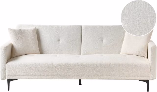 Divano letto moderno in tessuto bouclè bianco sporco a 3 posti con schienale con bottoni gambe nero design moderno scandinavo