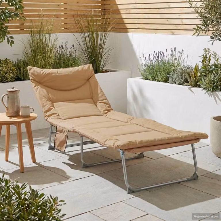 vidaXL Lettino prendisole pieghevole con cuscino beige e struttura in acciaio verniciato L: 120 cm, P: 65 cm, H: 37 cm