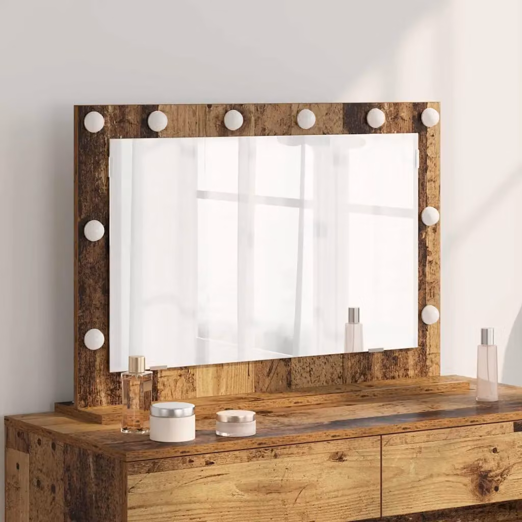 Specchio da vanità rettangolare vidaXL con luce LED in legno vecchio marrone L: 80 cm, P: 55 cm, H: 18 cm