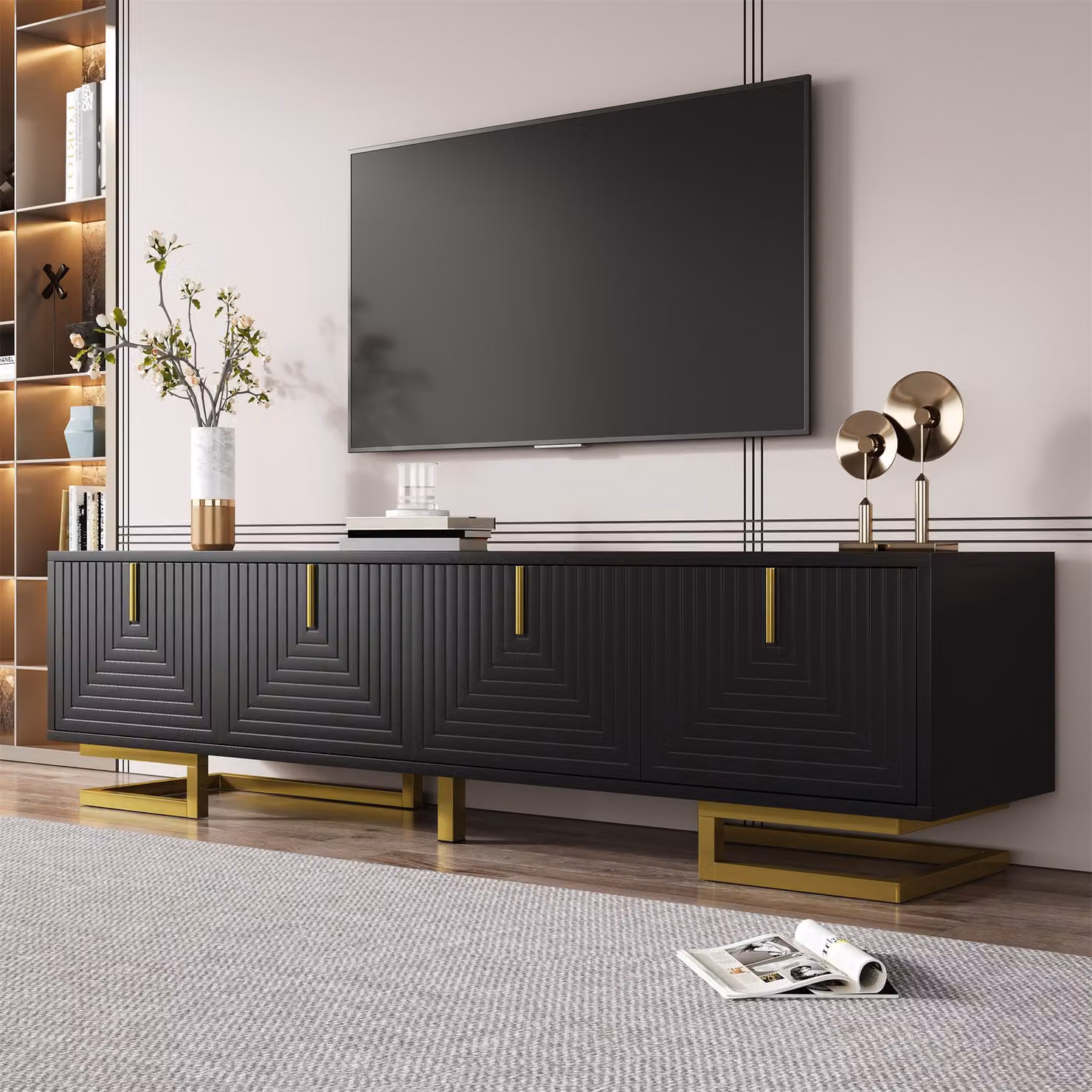 Mobile TV moderno GL Store nero con maniglie e gambe dorate in metallo, L: 160 cm, P: 38 cm, H: 44,5 cm – 2