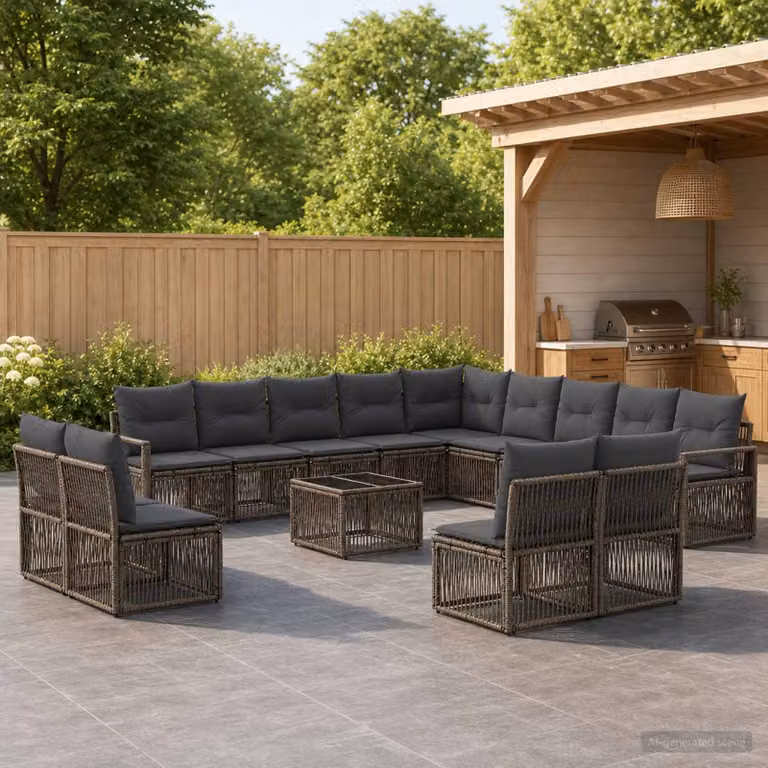 Set Divano da Giardino vidaXL a forma a U in Polyrattan Grigio con 14 Pezzi e Cuscini Inclusi