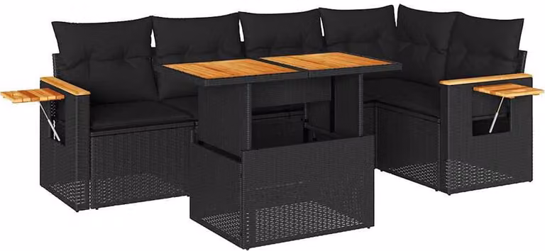 Set Divano da Giardino 6 pz con Cuscini Nero Polyrattan Acacia
