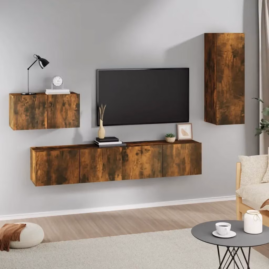Set di Mobili Porta TV 4 Pezzi Design in Legno Rovere Fumo Marrone per Soggiorno con Compartimenti Media e Installazione a Parete – 2