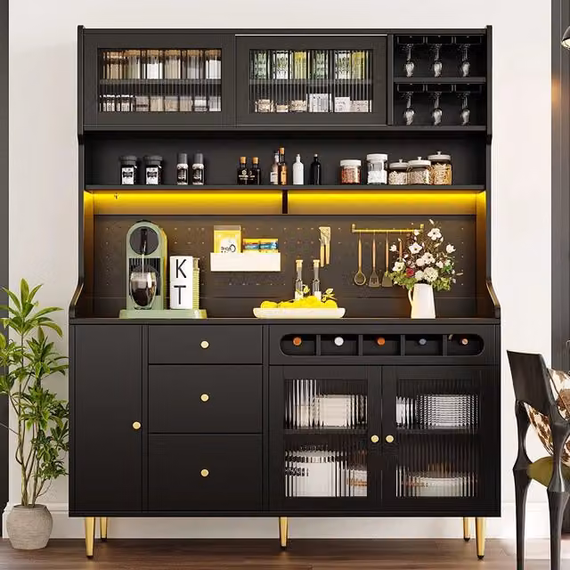 Armadio alto per soggiorno - Xylo - 145¡Á39¡Á171 cm - Nero - Ripiani regolabili, illuminazione LED, cassetto porta bottiglie