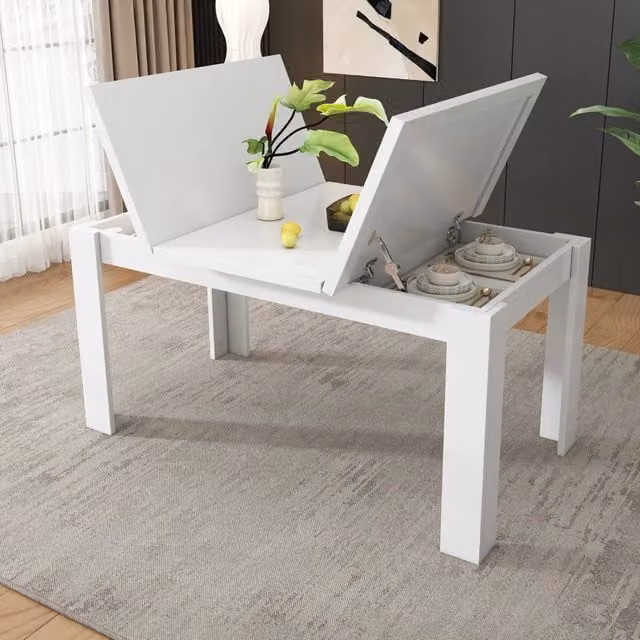 Tavolo da pranzo con piano ribaltabile e vano contenitore stile moderno per sala da pranzo e cucina in MDF bianco 120 × 70 cm