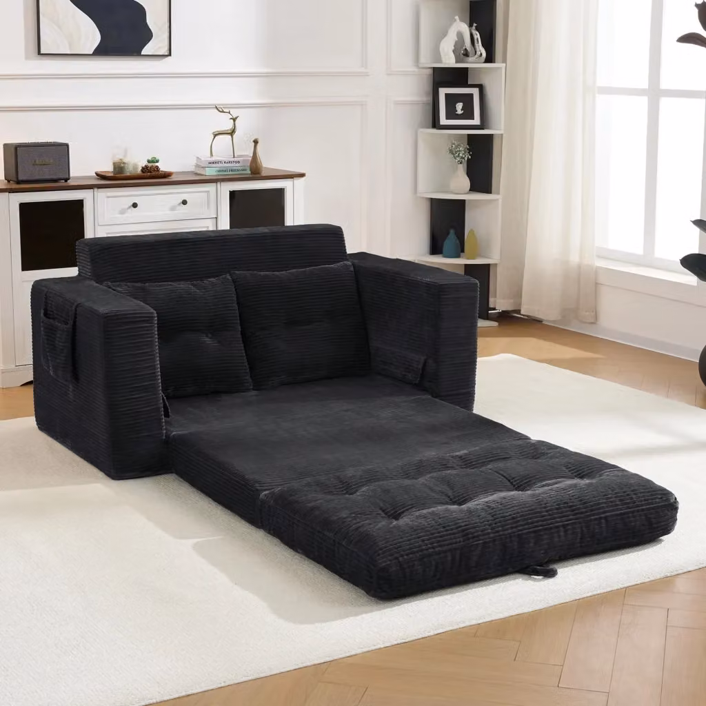Divano letto trasformabile REDOM a 2 posti in velluto a coste nero con funzione click-clack e tasche laterali – 2