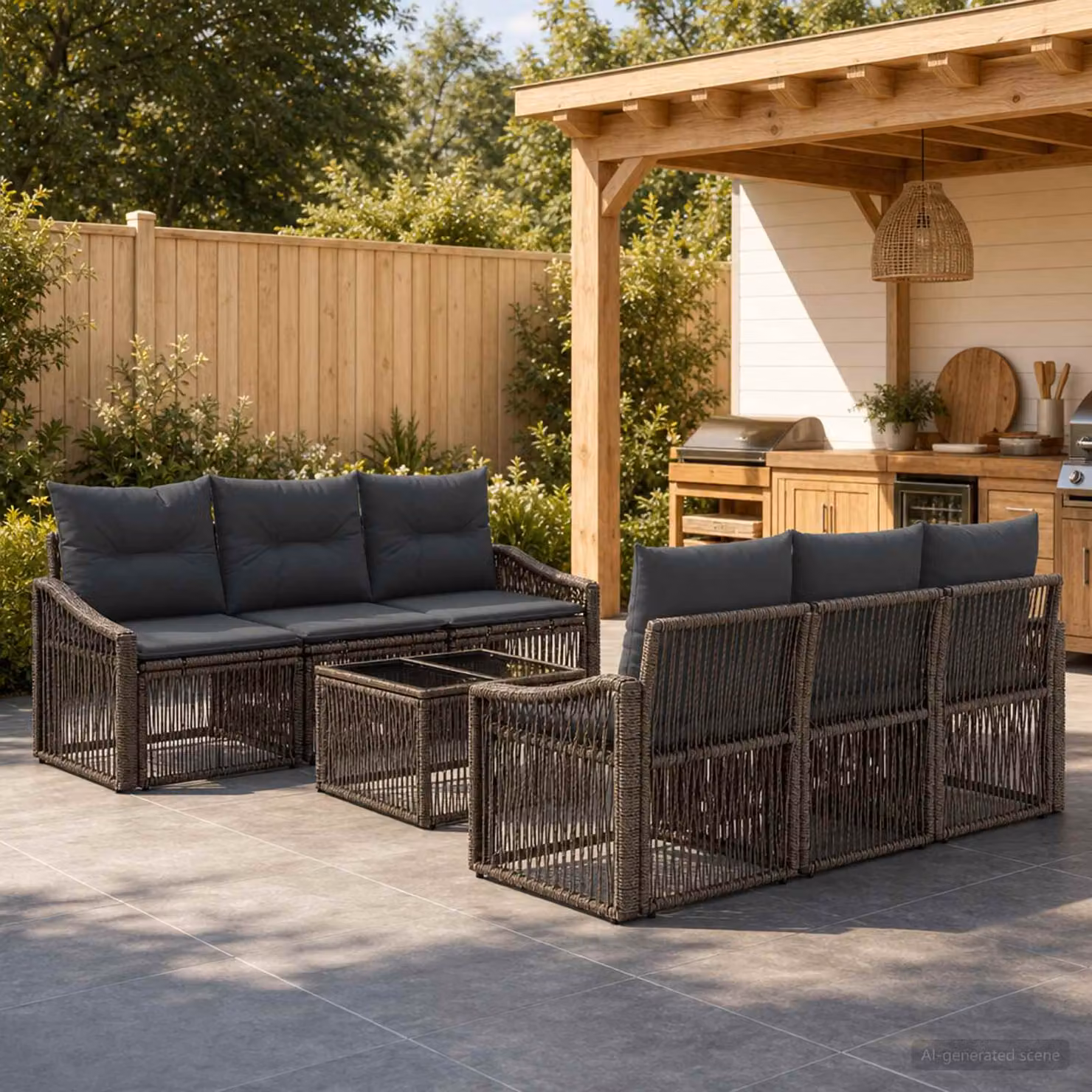 Set Divano da Giardino vidaXL 7 pz Grigio in Polyrattan con Cuscini e Tavolino
