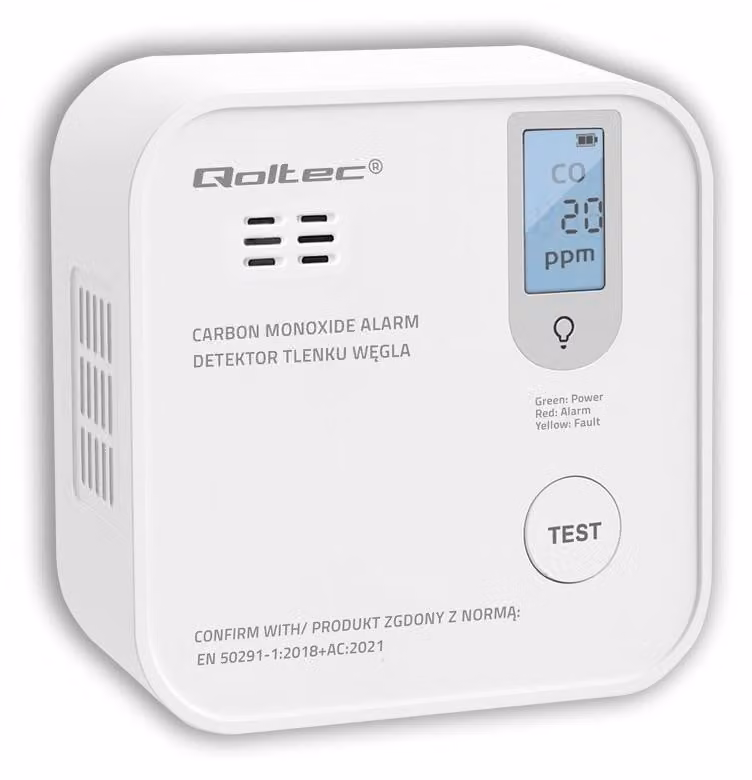 Rilevatore di monossido di carbonio Qoltec con batteria | Allarme da 85 dB | LED