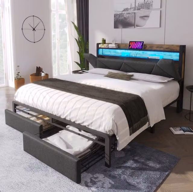 Struttura letto 140x200 cm con LED; USB e Type-C; testiera contenitore; 2 cassetti; grigio