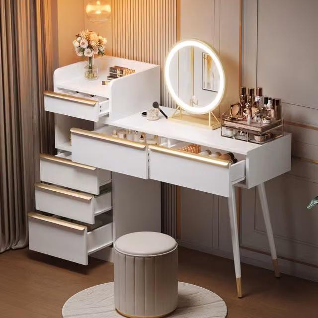 Toeletta trucco con piano estraibile; specchio LED a 3 tonalità; 6 cassetti; bianco; 100 x 41;5 x 102 cm