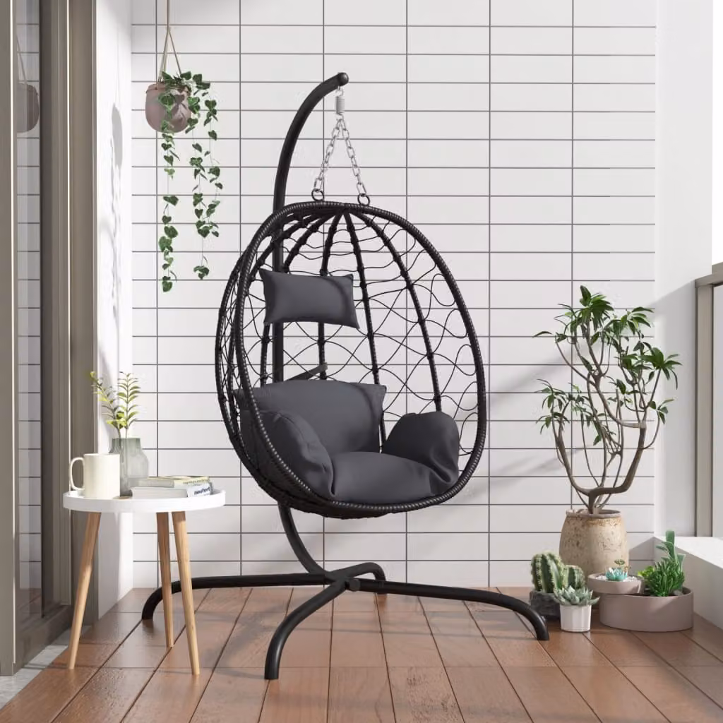 vidaXL Poltrona sospesa a uovo con cuscino antracite in rattan e acciaio nero L/P/H: 106 x 103 x 195 cm