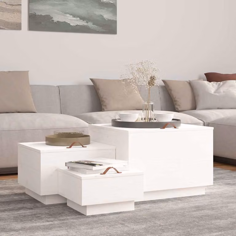 Set di 3 contenitori con coperchio e maniglie vidaXL in legno massello di pino, colore bianco, L: 55 cm, P: 40 cm, H: 57 cm