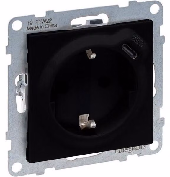 Presa Legrand SEANO 2 in 1, presa combinata USB tipo C, con protezione tattile avanzata, terminali a spina, 16A, nero, 765326