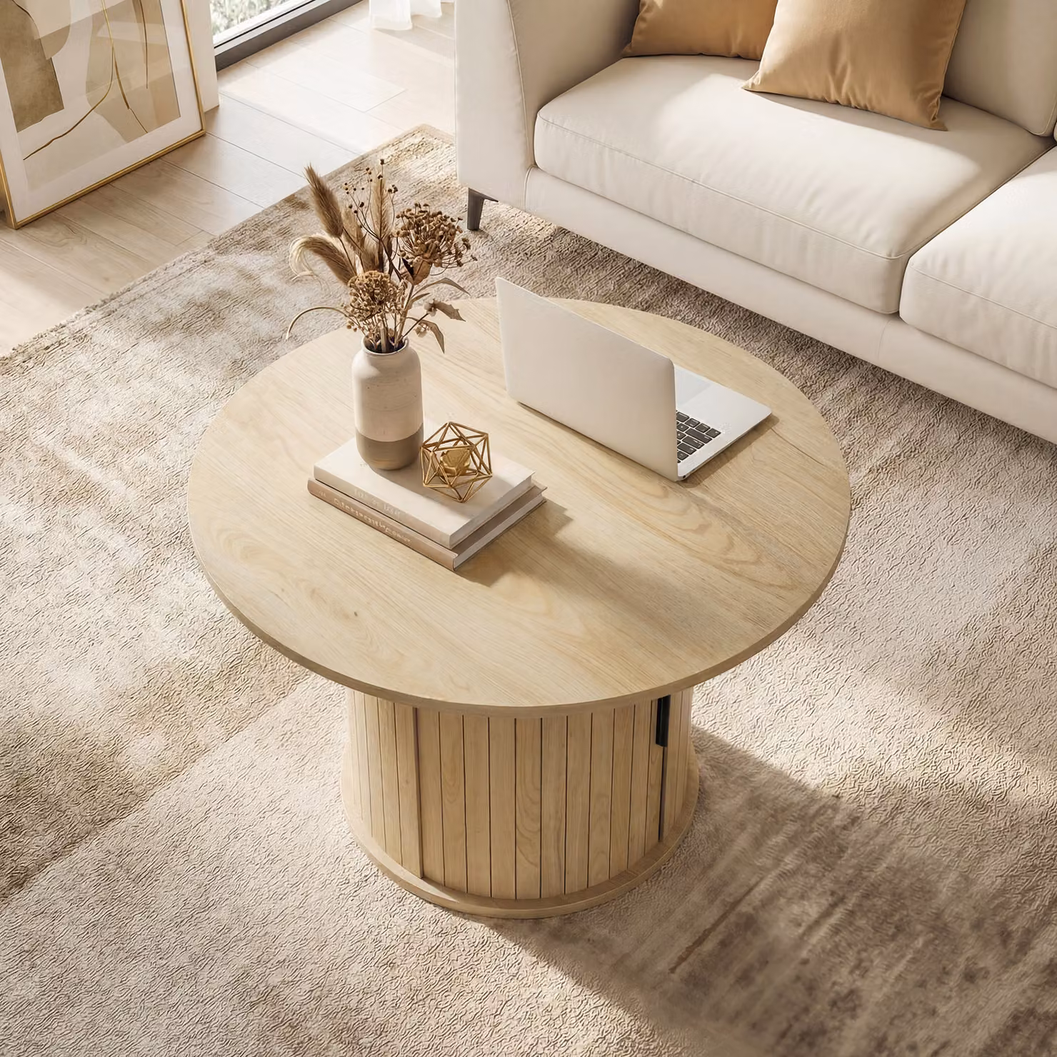 Tavolino da caffè rotondo HOMCOM in legno naturale con vano portaoggetti e base a colonna, colore beige e marrone, Diametro: 80 cm – 2