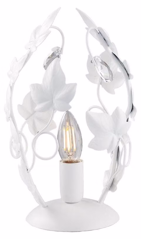 Lumetto Shabby Edera 1 Luce Ferro Battuto Bianco Con Foglie E Cristalli