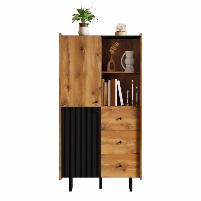 LVHOM Credenza con cassetti e ante, libreria cassettiera alta con ripiani aperti, libreria mobile alta, rovere/nero