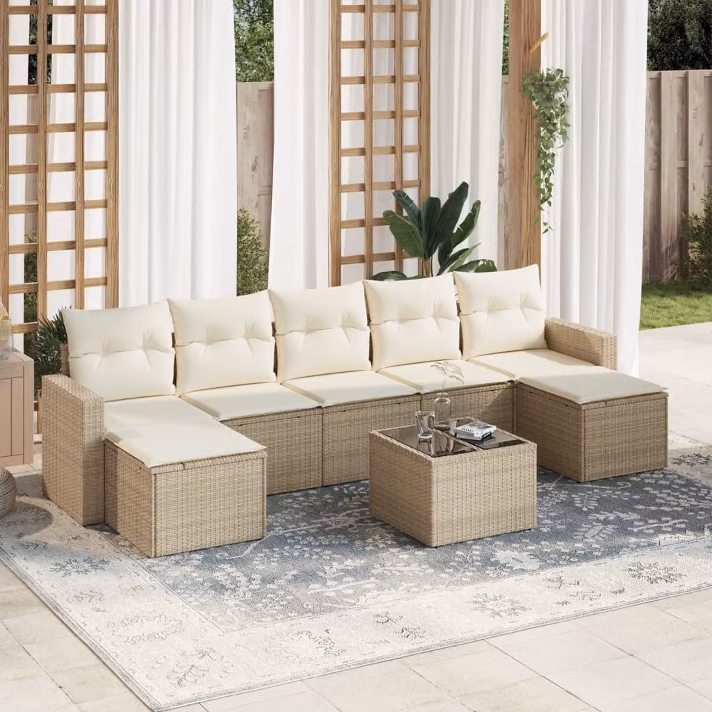 vidaXL Set Divano da Giardino 8 pz Moderno con Cuscini Beige e Tavolino in Vetro – 1