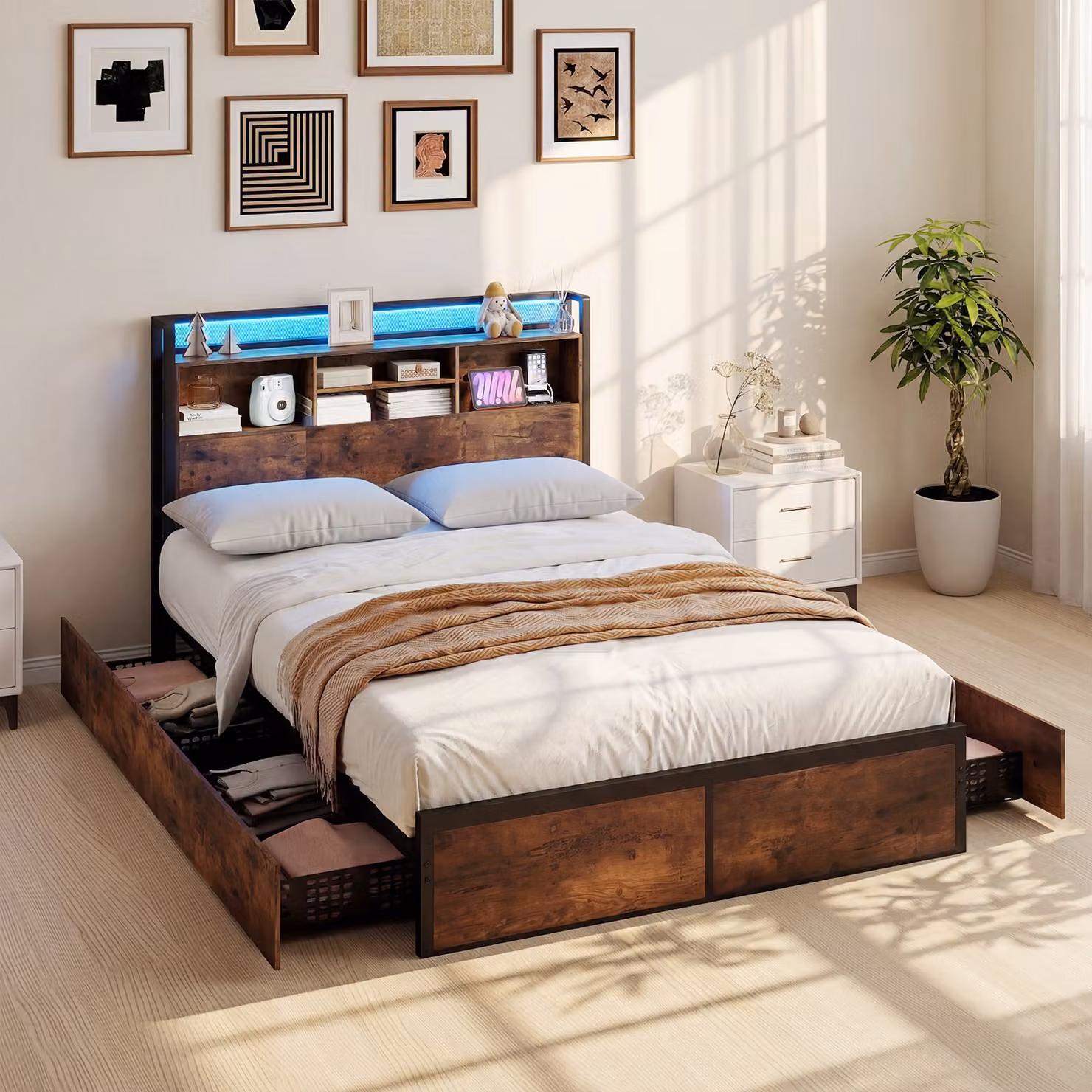 Costway Struttura letto con LED, stazione di ricarica USB e 4 cassetti, piattaforma in metallo e legno marrone, L: 143 cm, P: 220 cm, H: 113 cm