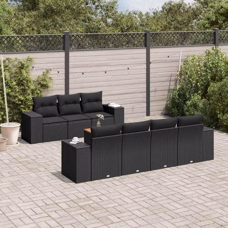 Set Divani da Giardino vidaXL in Polyrattan Nero con Cuscini e Tavolino da Caffè