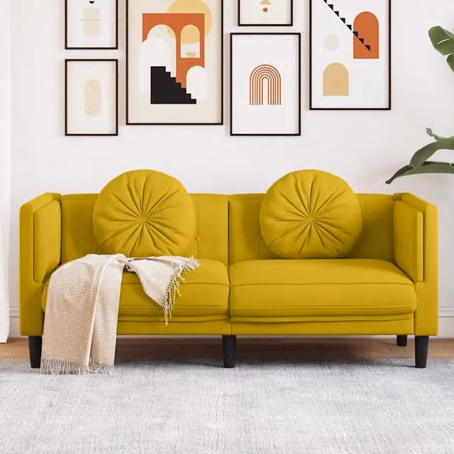 Divano a 2 Posti con Cuscini-Sofa 2 Posti con Cuscini Giallo in Velluto