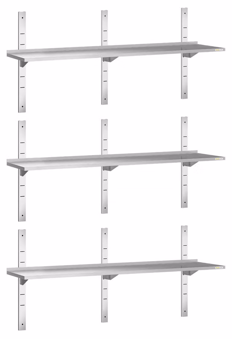 Set di 3 mensole a parete in acciaio inossidabile, dimensioni 1600 x 300 mm, PREMIUM - GOLDINOX