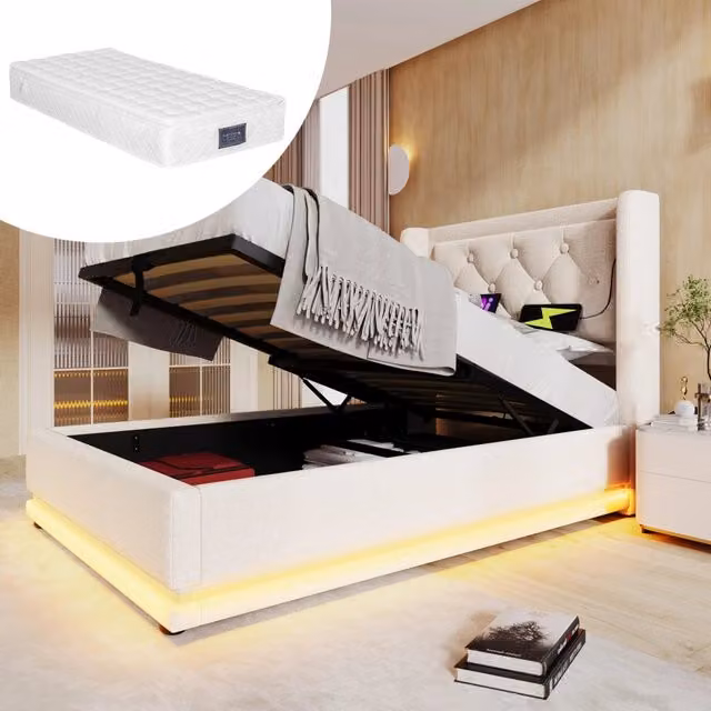 Letto imbottito singolo 90x200 cm in cotone beige, contenitore idraulico, testiera con ricarica USB Type-C e LED su 3 lati, con materasso