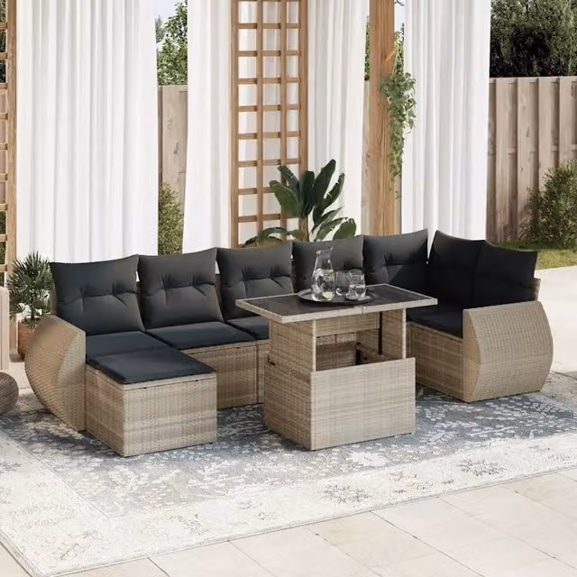 Set Divano da Giardino a L vidaXL in Polyrattan Grigio con 8 Pezzi e Cuscini Inclusi