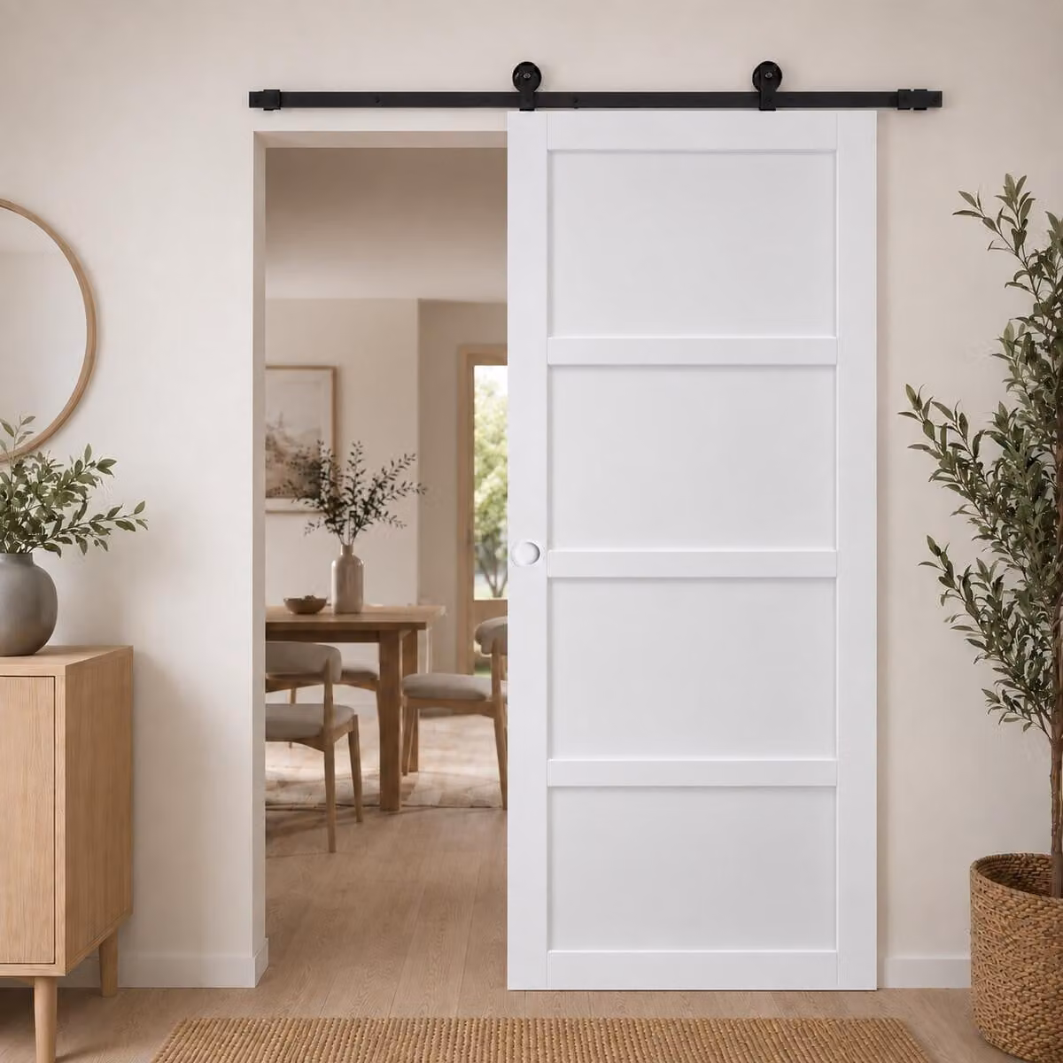 Porta scorrevole Tamera bianca a 4 pannelli H204 x L63 cm, binario con rotelle, conchiglie bianche Gd Menuserie