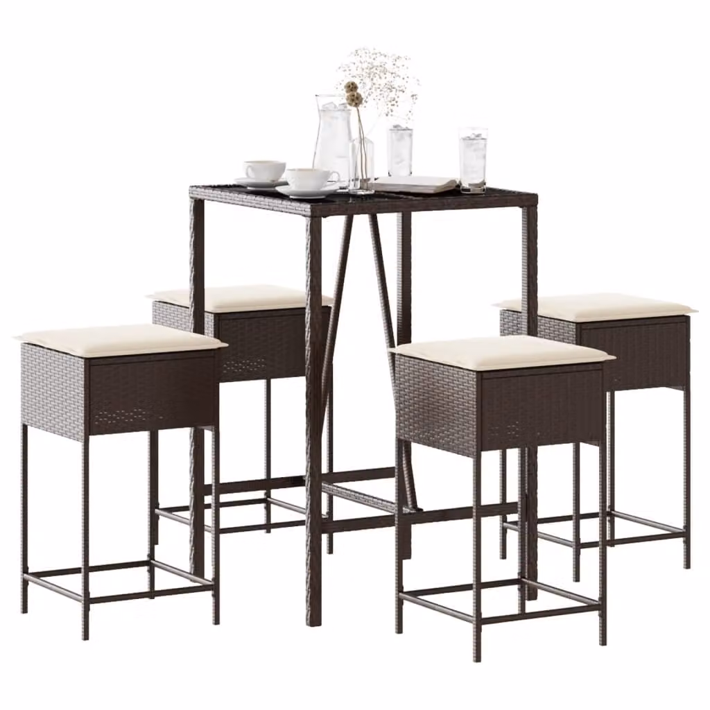 Set Bar da Giardino vidaXL in Polyrattan Marrone con 5 Pezzi e Cuscini
