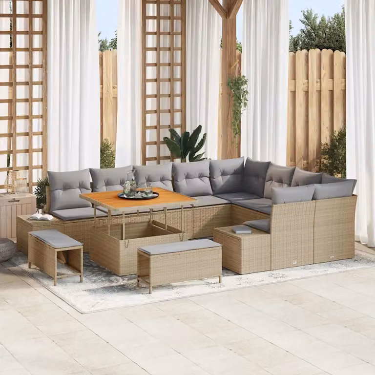 Set Divano da Giardino Moderno vidaXL in Polyrattan Beige con Cuscini e Tavolino da Esterno 12 Pezzi