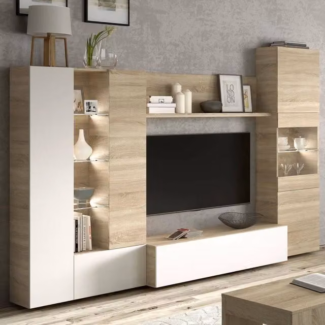Mobile Soggiorno Angioletto, Parete Attrezzata 15 Ripiani, 260x42x185h cm Marrone Rovere