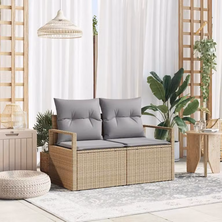 Divano da giardino moderno vidaXL in polyrattan con cuscini beige e grigio, L: 120 cm, P: 62 cm, H: 69 cm