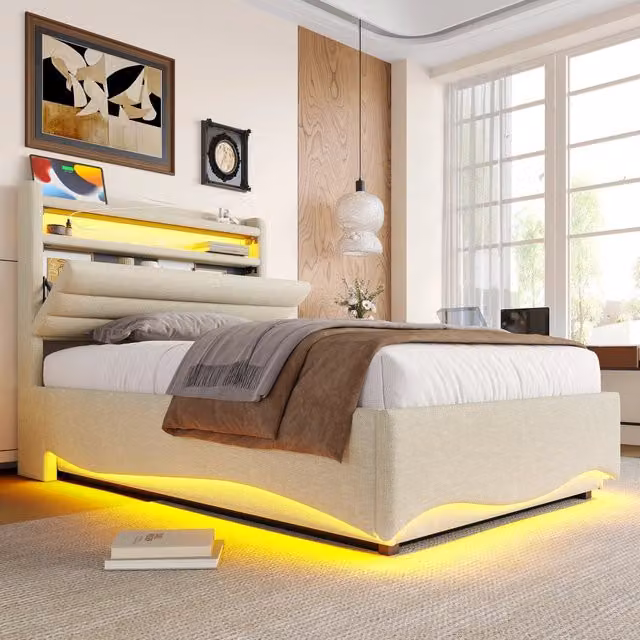 Letto imbottito 90x200 cm con contenitore idraulico; LED e prese USB/Tipo C; lino beige