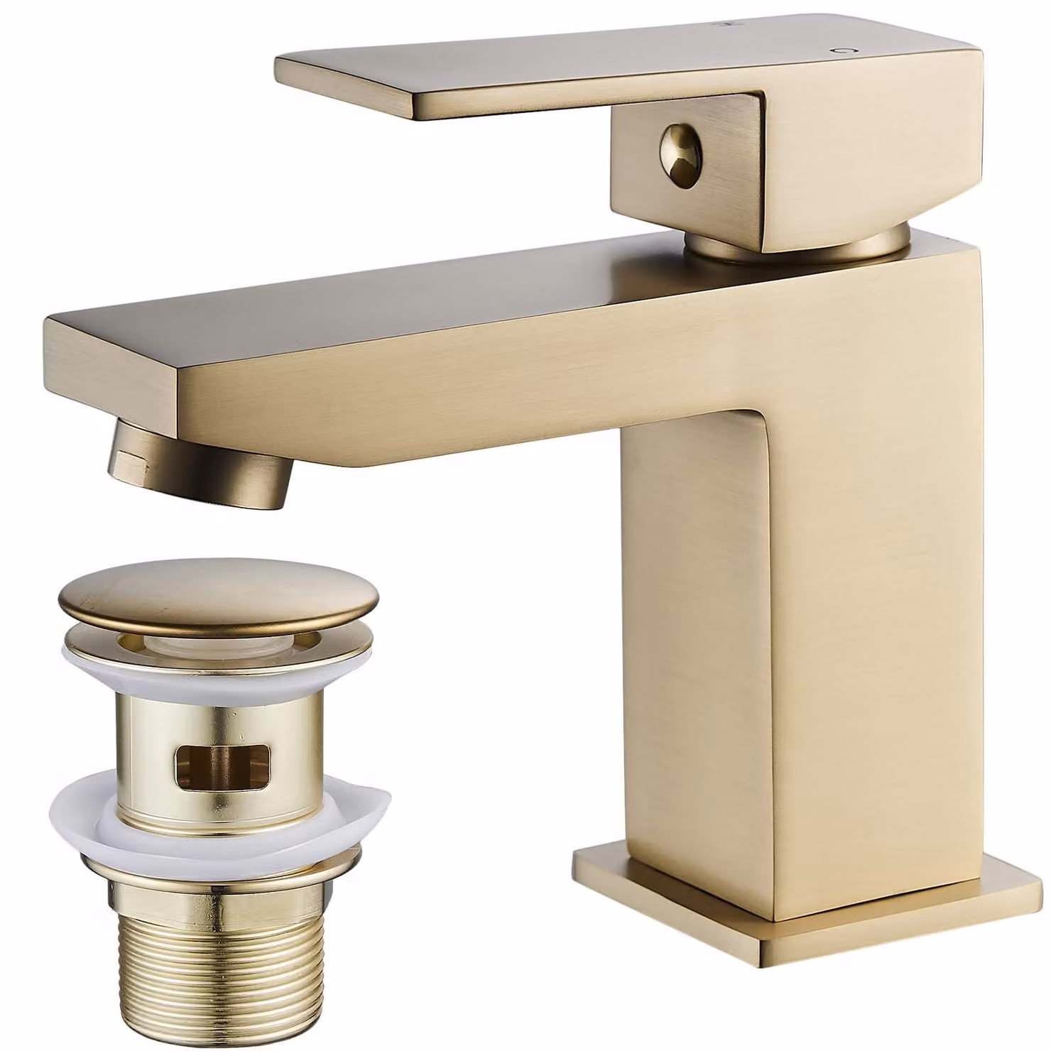 Miscelatore per lavabo, design squadrato, monocomando, finitura dorata, tappo a salvagoccia integrato, realizzato in ottone