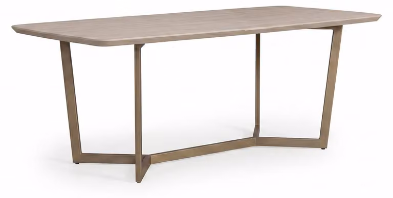 Tavolo da pranzo moderno, color beige, aspetto legno, struttura in metallo, design elegante, ideale per ambienti di prestigio
