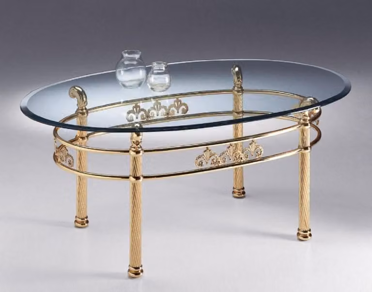 Tavolino in ottone di Casa Padrino 130 x 80 x H. 50 cm - Tavolino ovale in ottone con piano in vetro - Mobili per il soggiorno - Qualità lusso - Italy