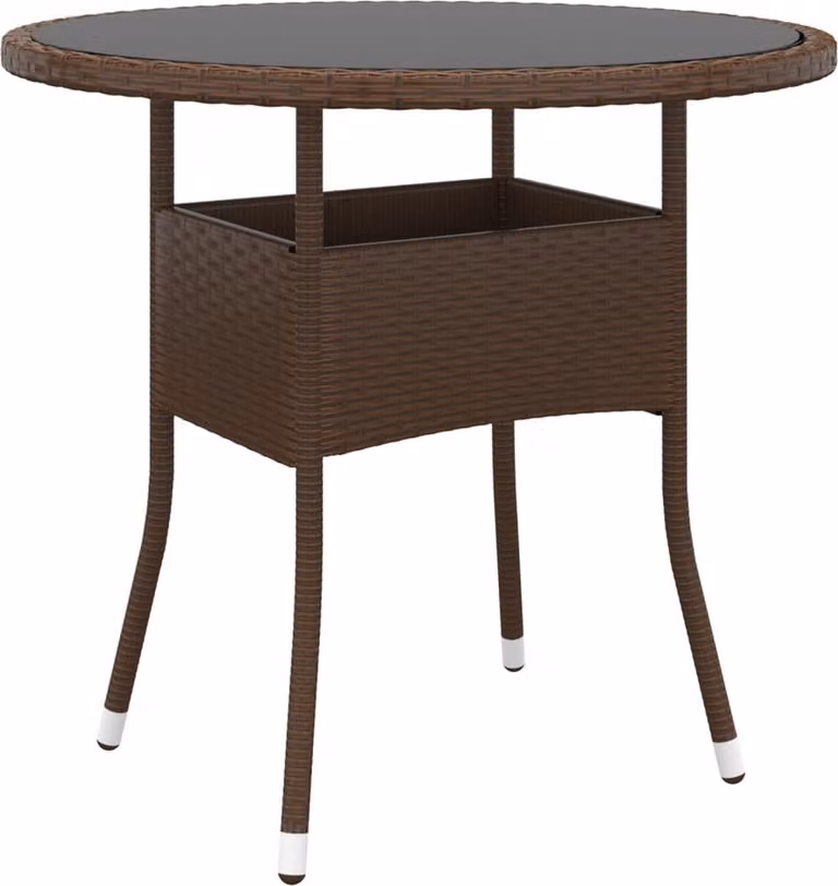 The Living Store tavolo da giardino Ø80x75 cm in vetro temperato e poly rattan marrone