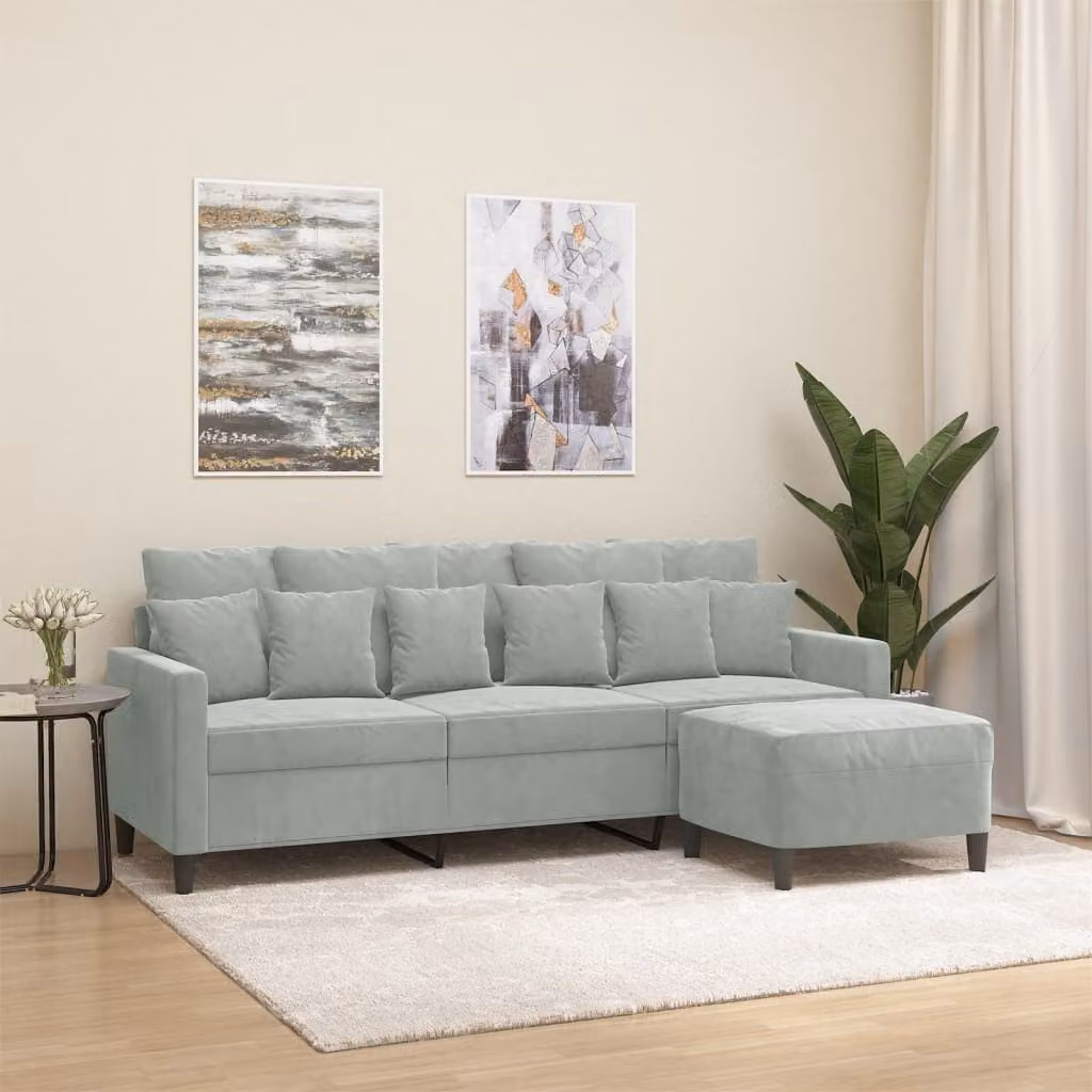 vidaXL Divano a 3 Posti in Velluto Grigio con Poggiapiedi Coordinato L: 198 cm, P: 80 cm, H: 77 cm – 1