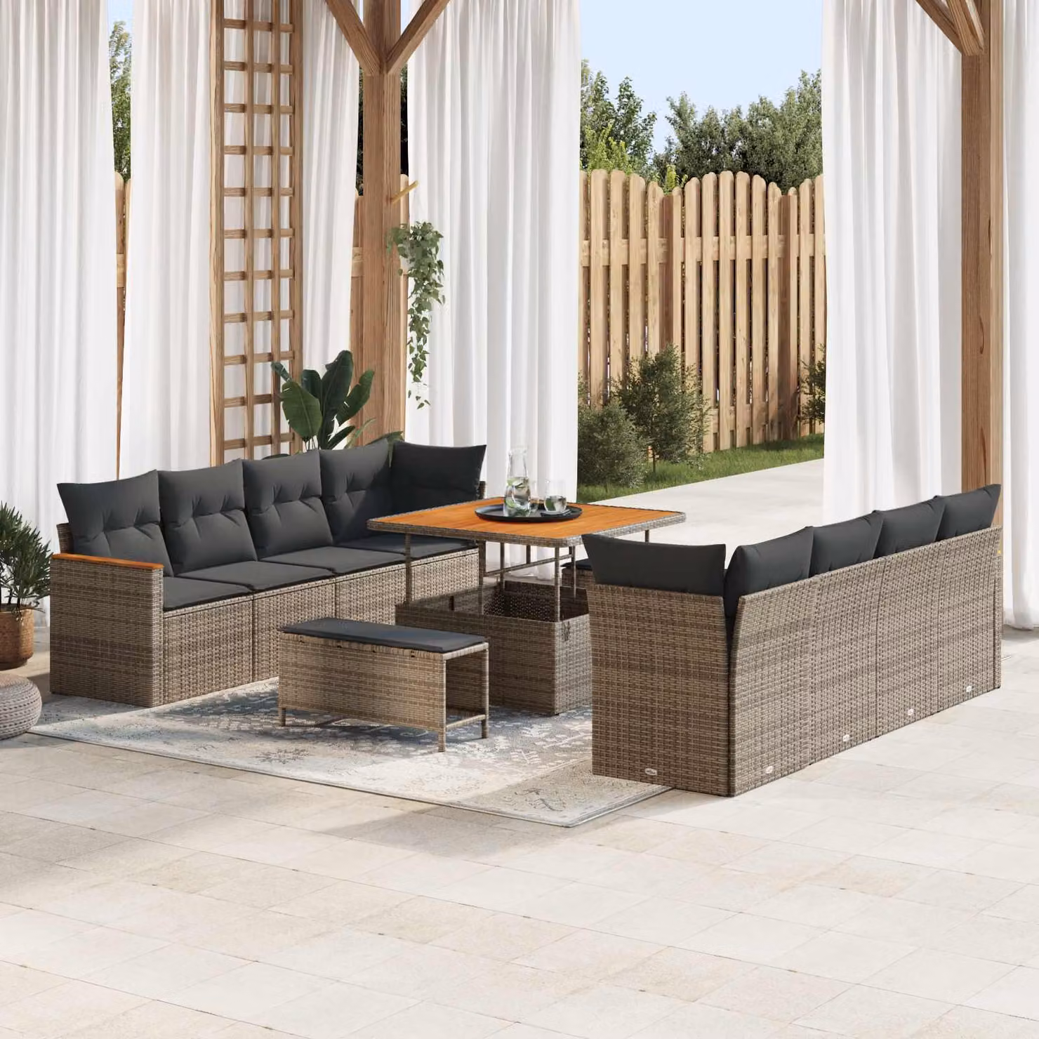 Set Divano da Giardino Moderno vidaXL in Polyrattan Grigio con Cuscini e Tavolino 11 pz – 1