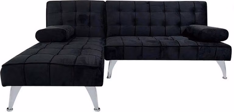 Divano letto Miranda con chaise longue, rivestito in velluto nero